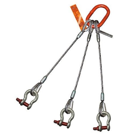 Three Leg Wire Rope Slng, 1/4 In Dia, 3ft L, Screw Pin Anchor Shackle, 1.7 Ton Capacity